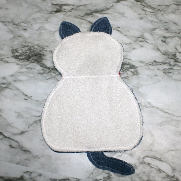 HAND CRAFTED Mop Cat Kitten Set Terry Cloth Towel Upcyled Blue Denim Jeans - Picture 6 of 12